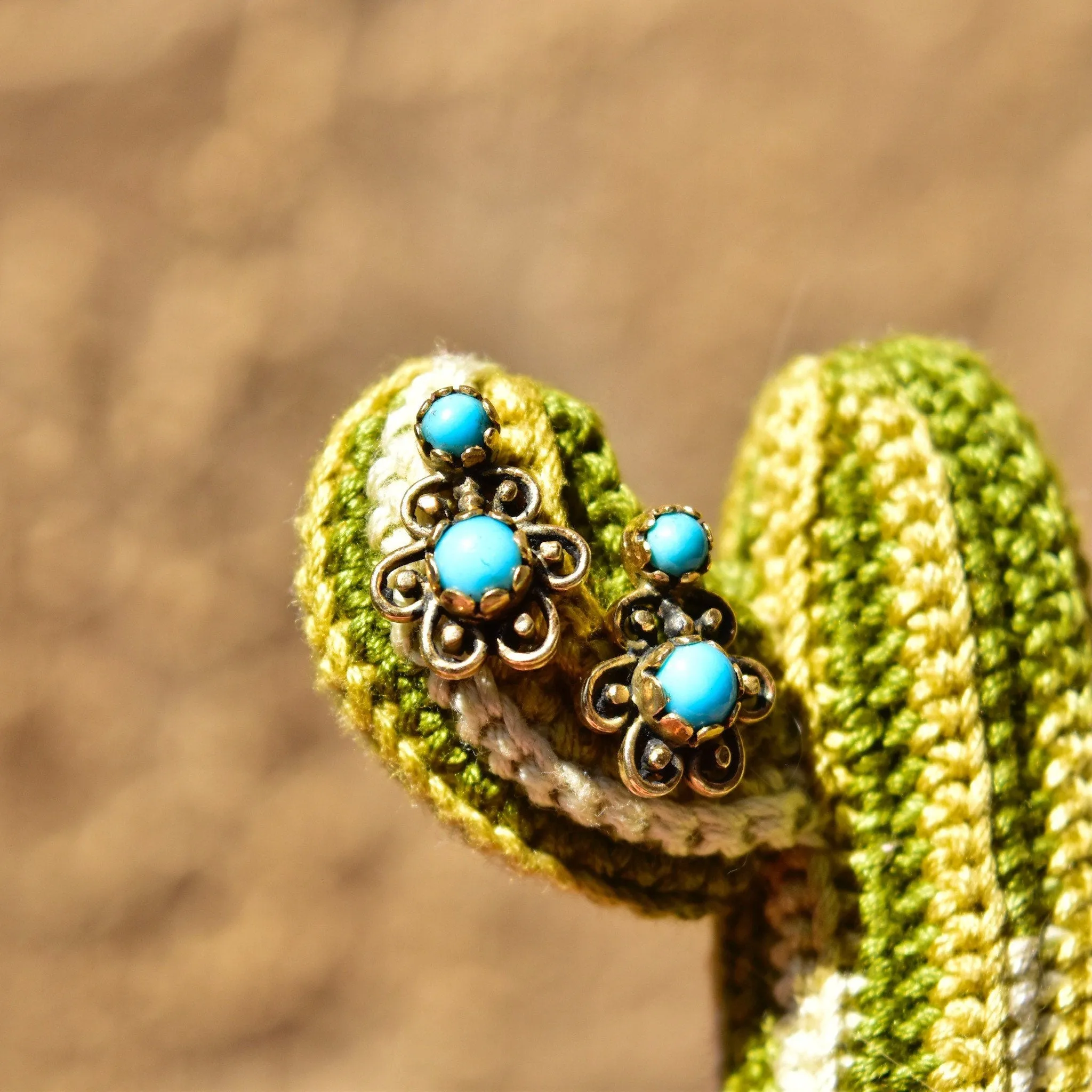14K Turquoise Flower Studs, Dainty Two-Stone Yellow Gold Earrings, Estate Jewelry, 14mm