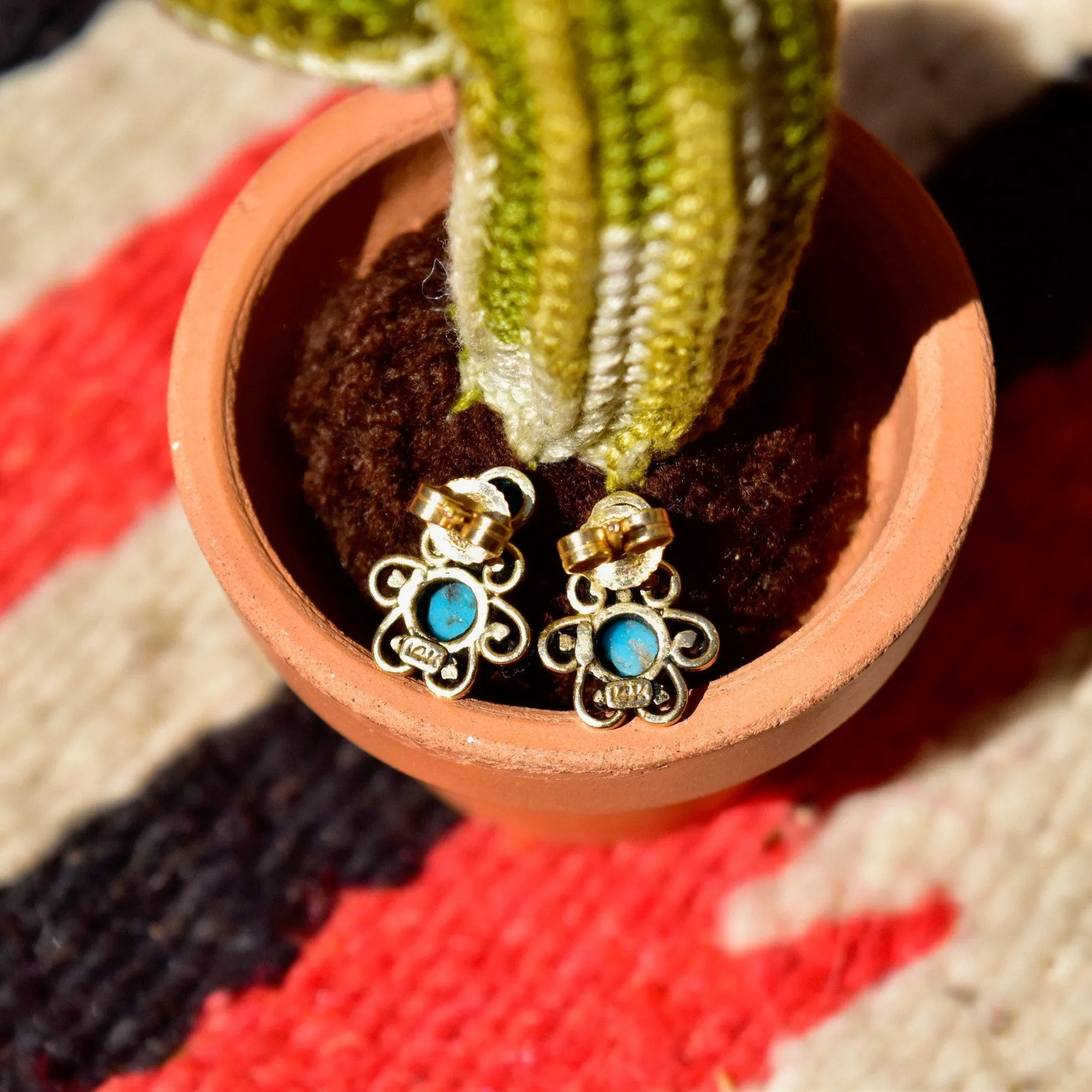 14K Turquoise Flower Studs, Dainty Two-Stone Yellow Gold Earrings, Estate Jewelry, 14mm