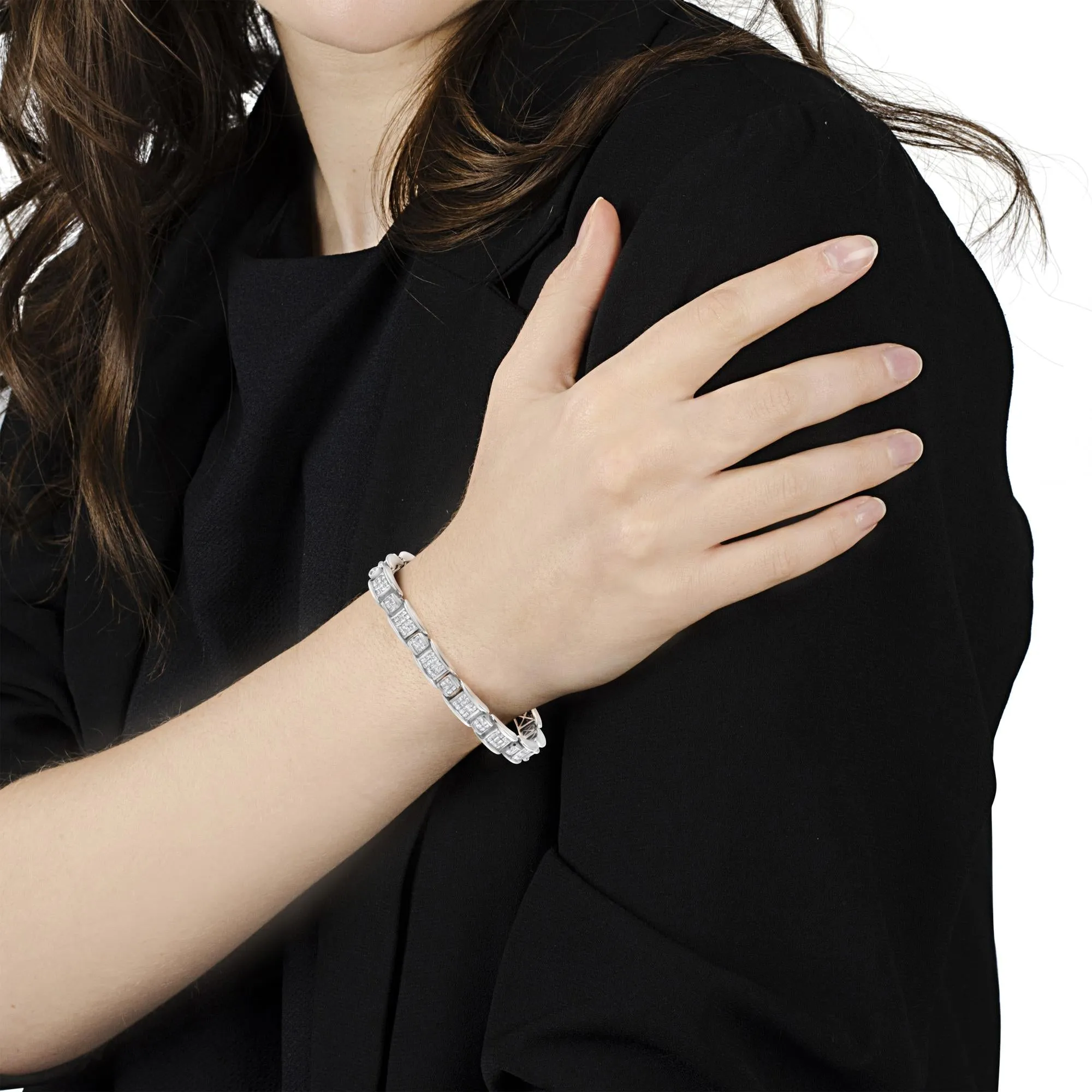 14K White Gold 5.0 Cttw Princess-Cut Diamond Rectangular Alternating Station 7" Tennis Bracelet (G-H Color, SI1-SI2 Clar