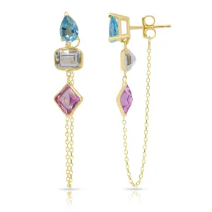 14K Yellow Gold Drop, Emerald And Princess Cut Blue Topaz, White And Pink Gemstones Chain Studs