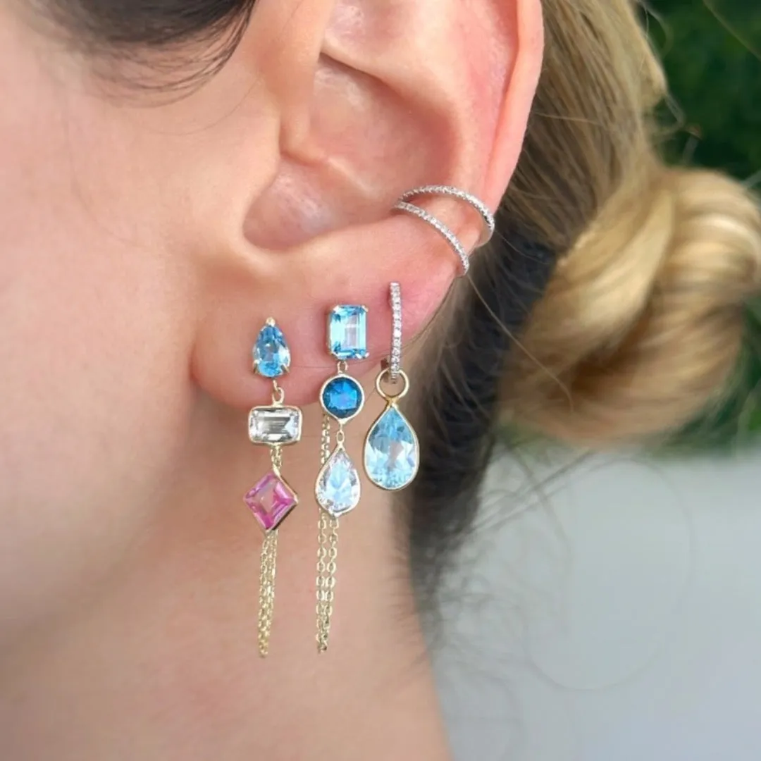 14K Yellow Gold Drop, Emerald And Princess Cut Blue Topaz, White And Pink Gemstones Chain Studs