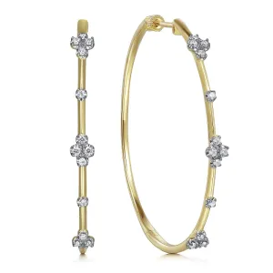 14K Yellow Gold Prong Set 50mm Round Classic Diamond Hoop Earrings