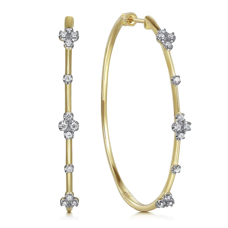 14K Yellow Gold Prong Set 50mm Round Classic Diamond Hoop Earrings