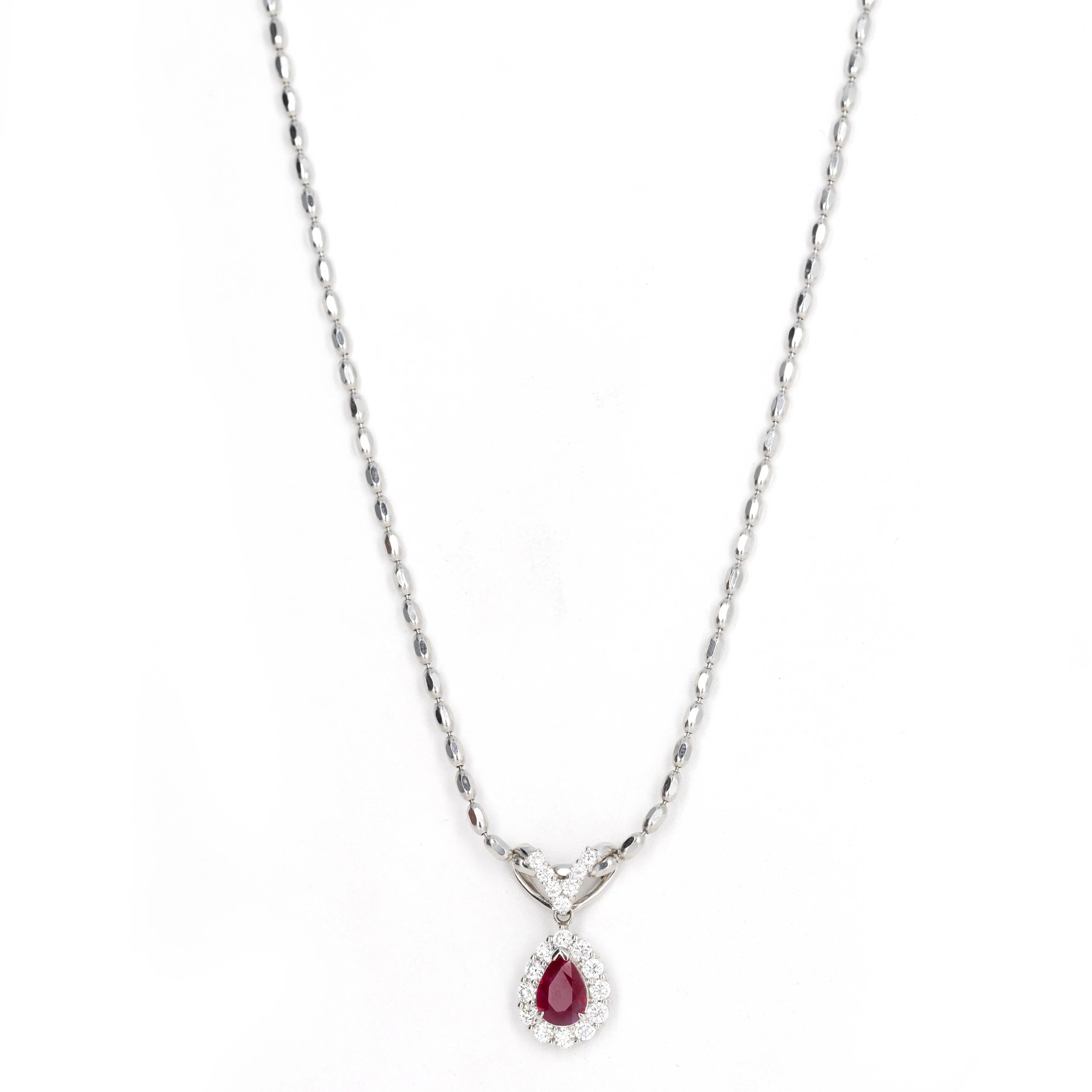 1.53 Carat Pear ''Pigeon's Blood'' Natural Ruby Diamond Halo Pendant Necklace