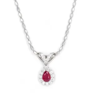 1.53 Carat Pear ''Pigeon's Blood'' Natural Ruby Diamond Halo Pendant Necklace
