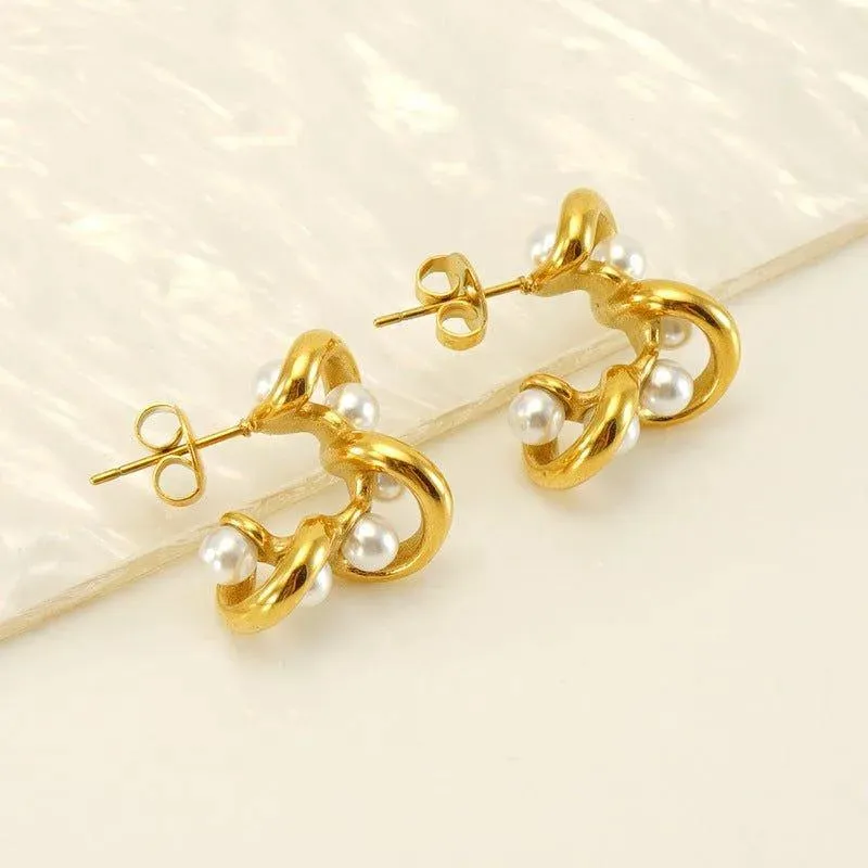 18K Gold-Plated Pearl Stud Earrings – Trendy Vintage Earrings