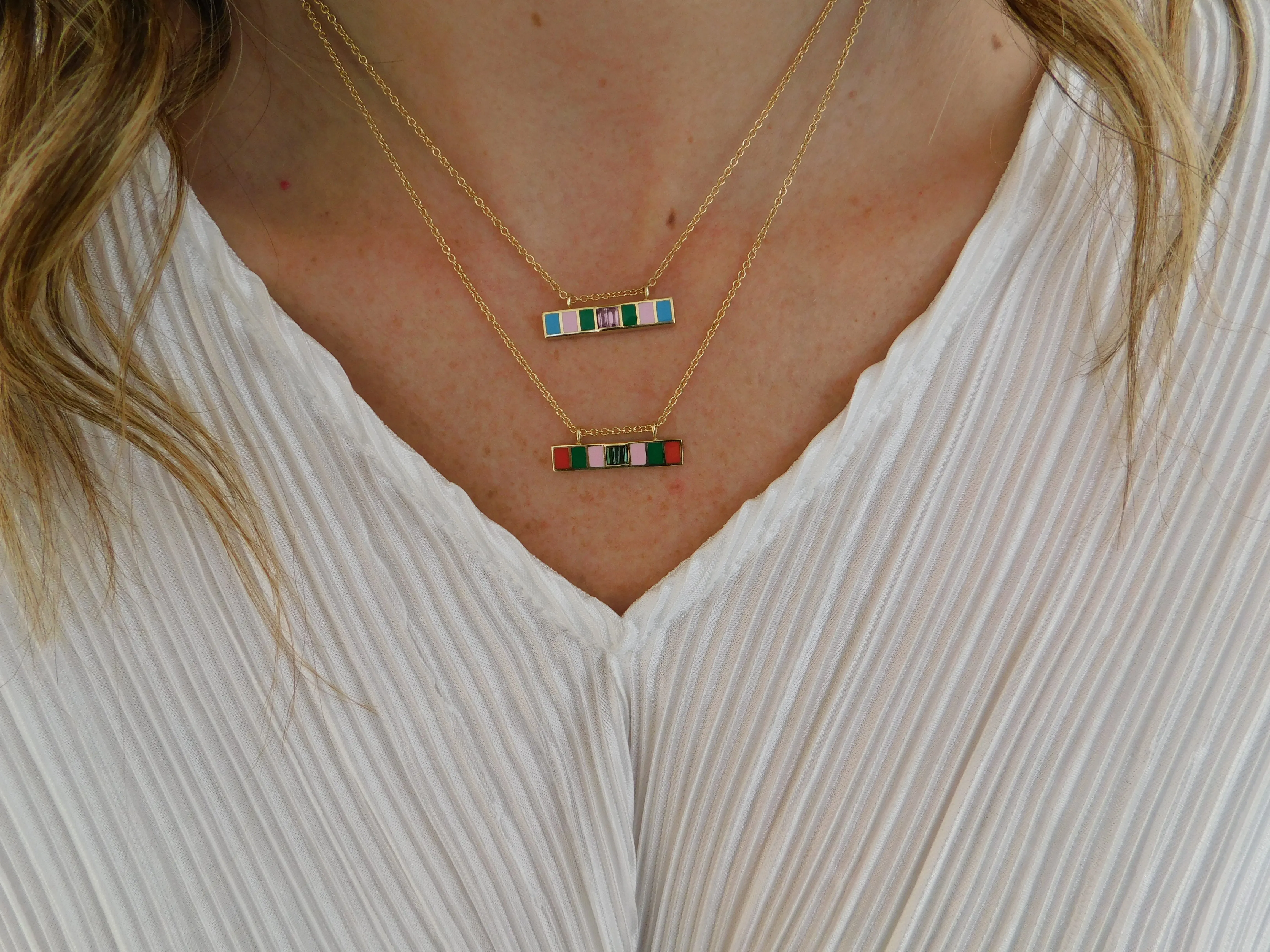 18K YG Loren Green Sapphire Baguette Enamel Bar Necklace