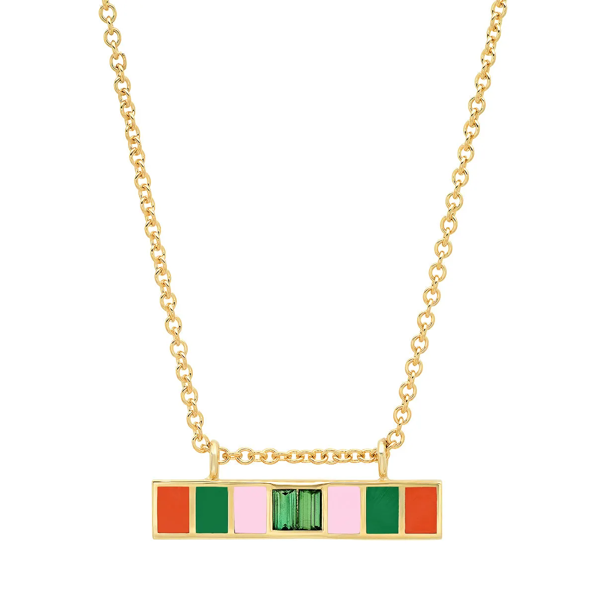 18K YG Loren Green Sapphire Baguette Enamel Bar Necklace