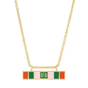 18K YG Loren Green Sapphire Baguette Enamel Bar Necklace