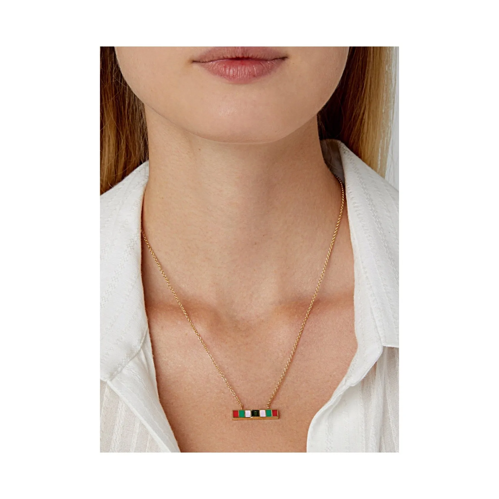 18K YG Loren Green Sapphire Baguette Enamel Bar Necklace
