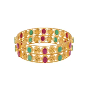 22K Yellow Gold Bangle Set of 2 w/ Emerald & Ruby (36.4gm)