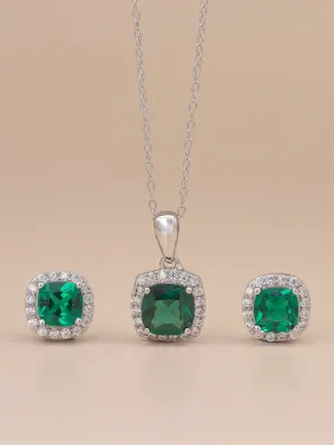 925 Silver Cushion Cut Emerald Pendant And Earrings