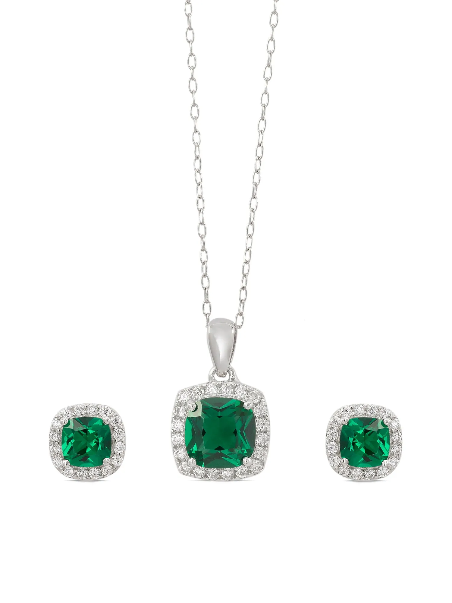 925 Silver Cushion Cut Emerald Pendant And Earrings