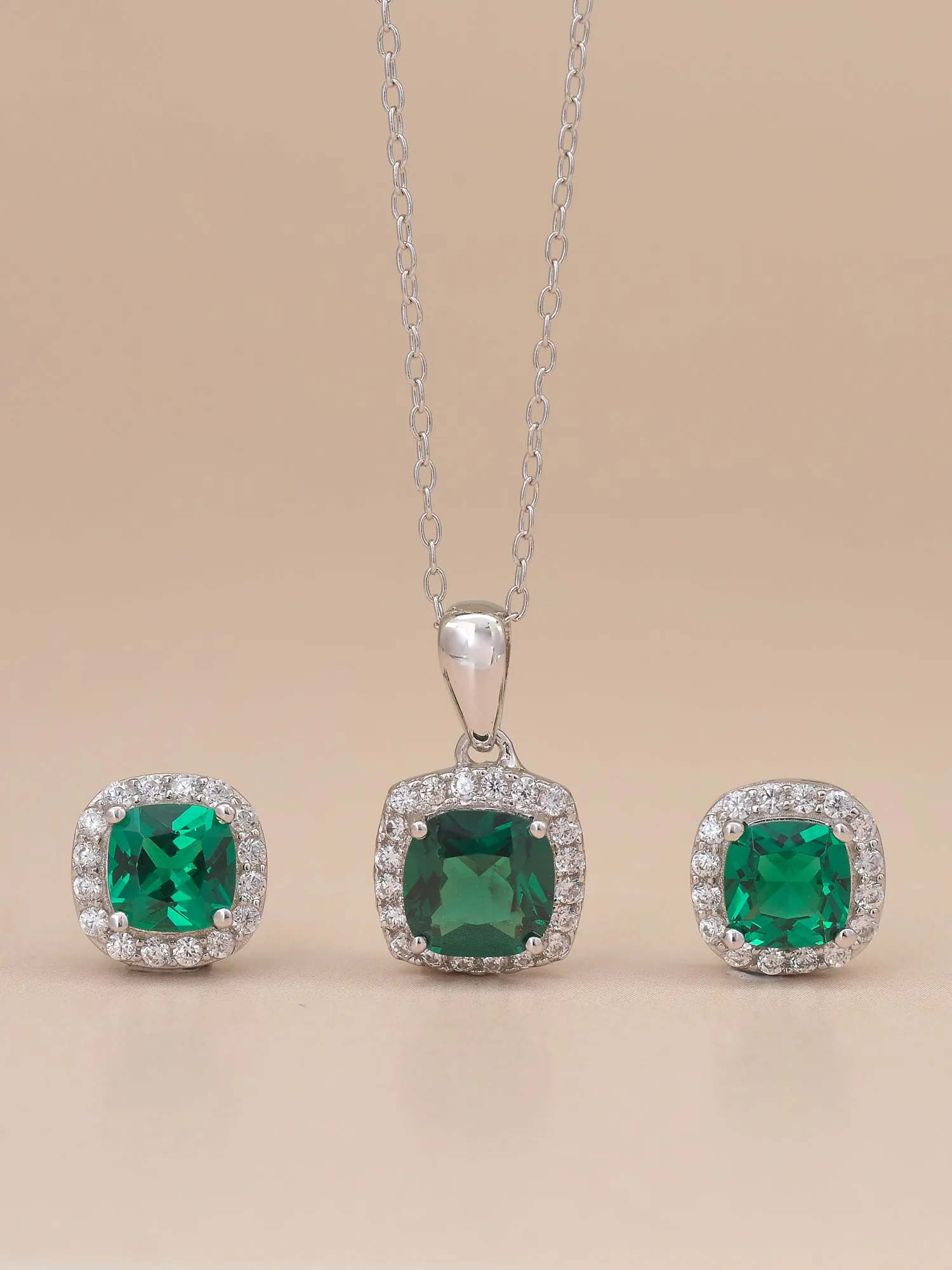 925 Silver Cushion Cut Emerald Pendant And Earrings