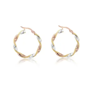 9ct  Rose, Yellow and White Gold Twist Hoops