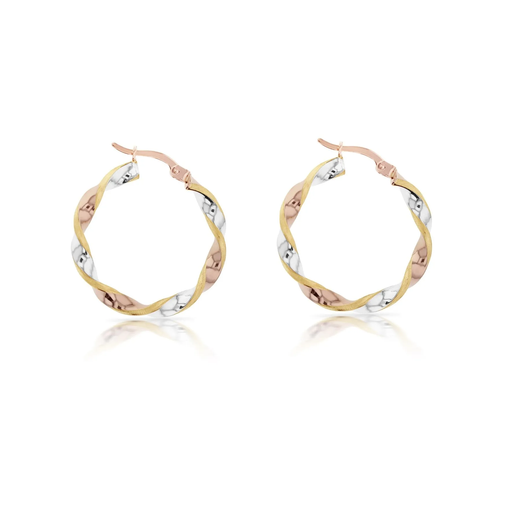 9ct  Rose, Yellow and White Gold Twist Hoops