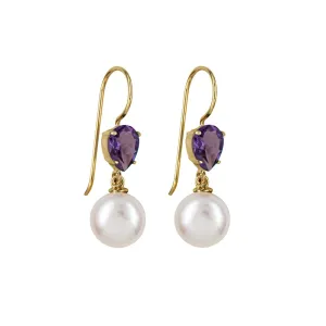 9ct Yellow Gold Freshwater Pear and Amethyst Drop Earrings