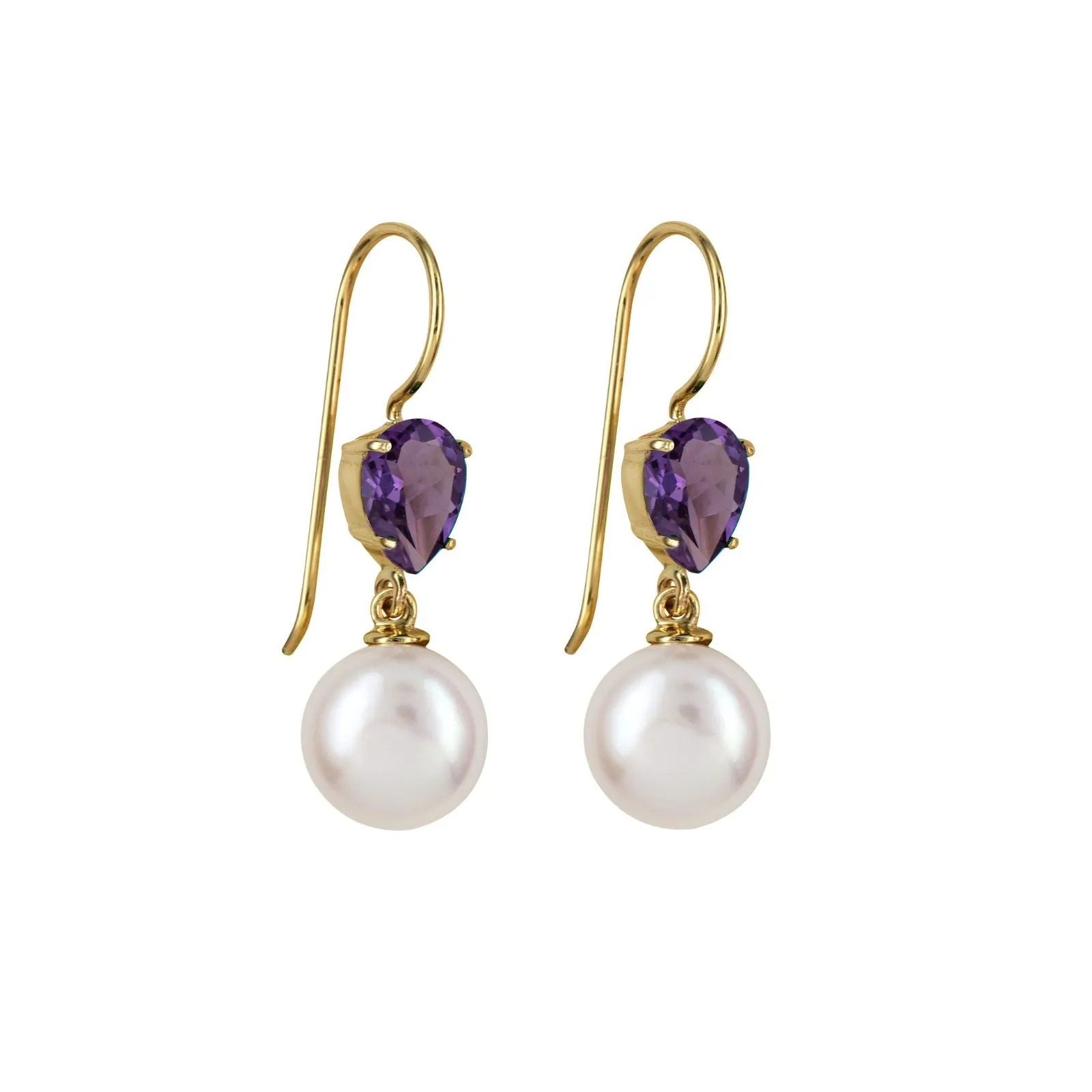 9ct Yellow Gold Freshwater Pear and Amethyst Drop Earrings