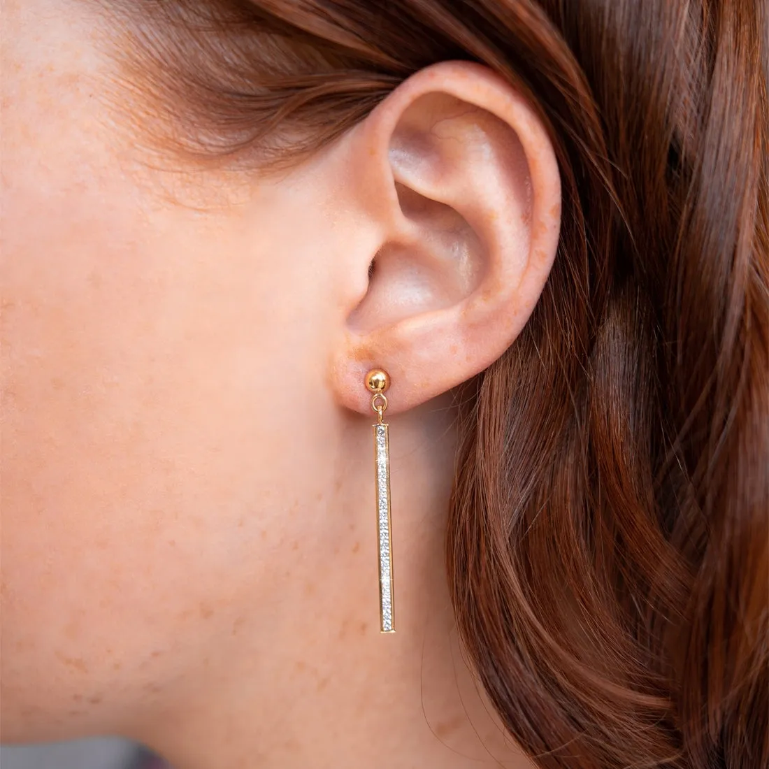 9ct Yellow Gold Silver Infused Cubic Zirconia Long Bar Drop Earrings