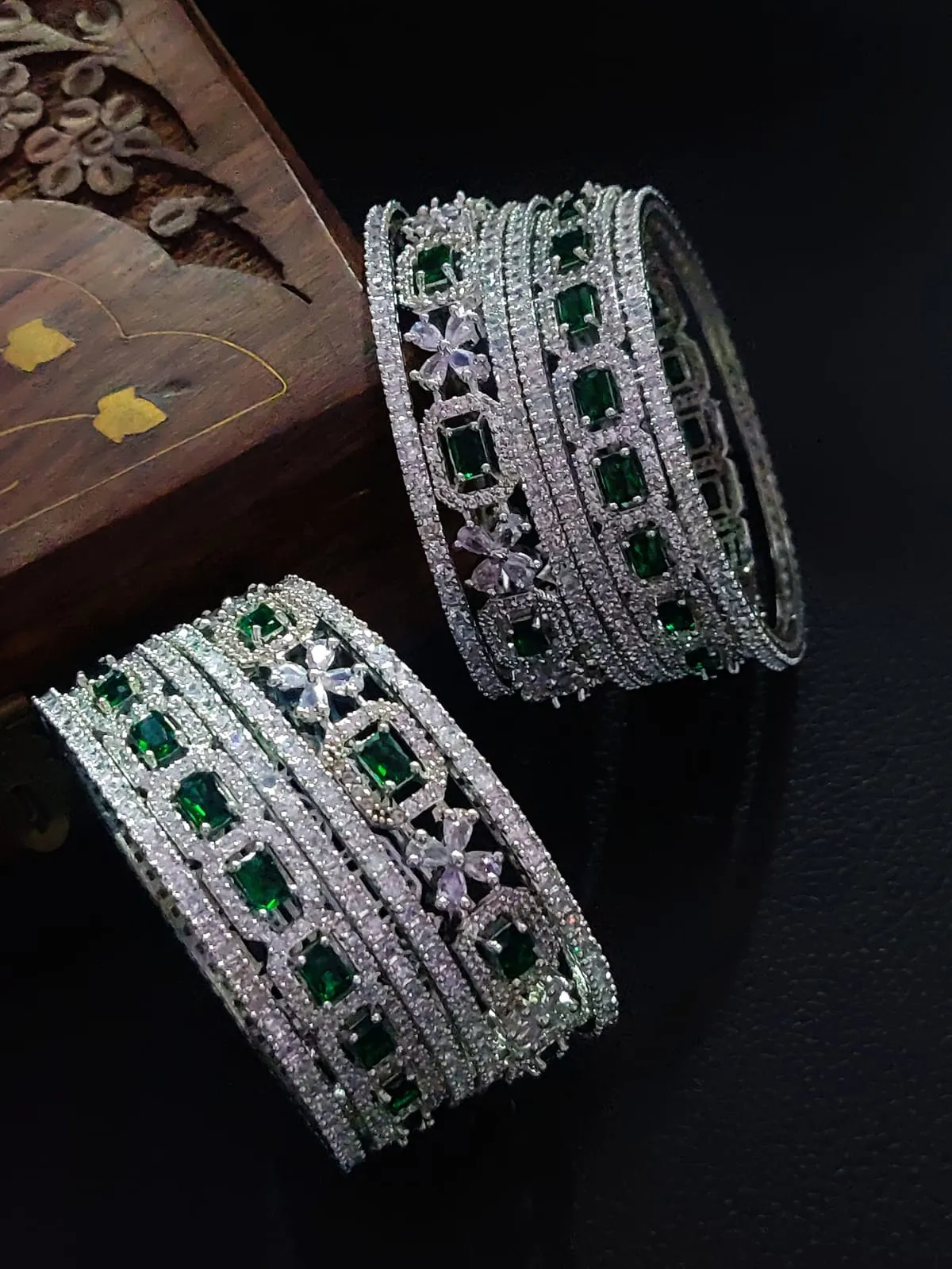 American Diamond Bangle Set Geometric Patterns And Floral Motifs Makes Luxurious Eye Catching Effect For Bridal