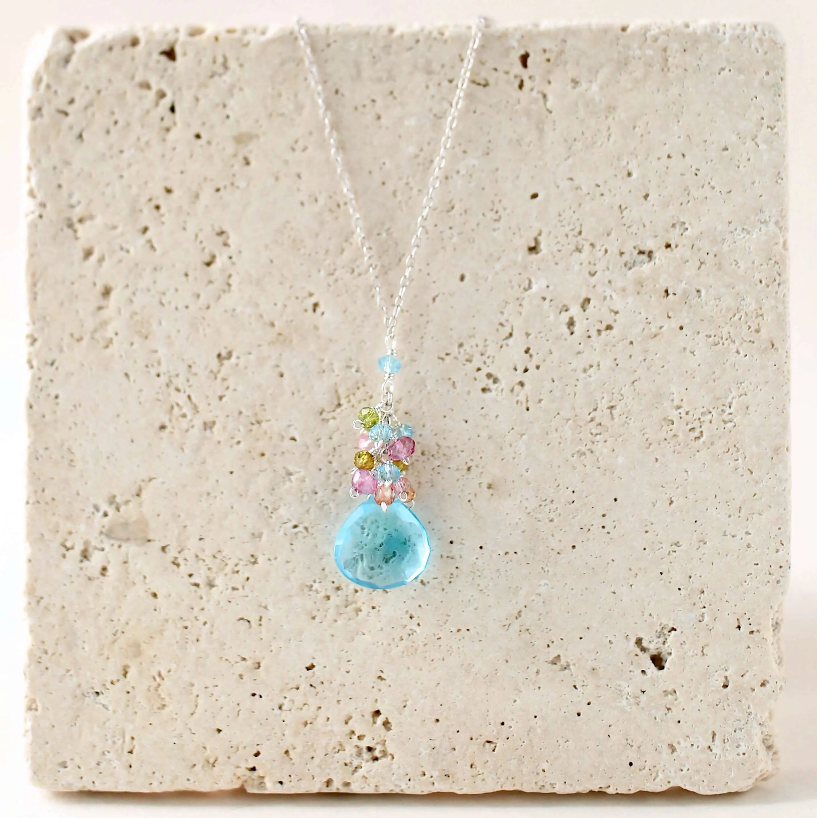 Aqua Blue Quartz Gold Raindrop Necklace