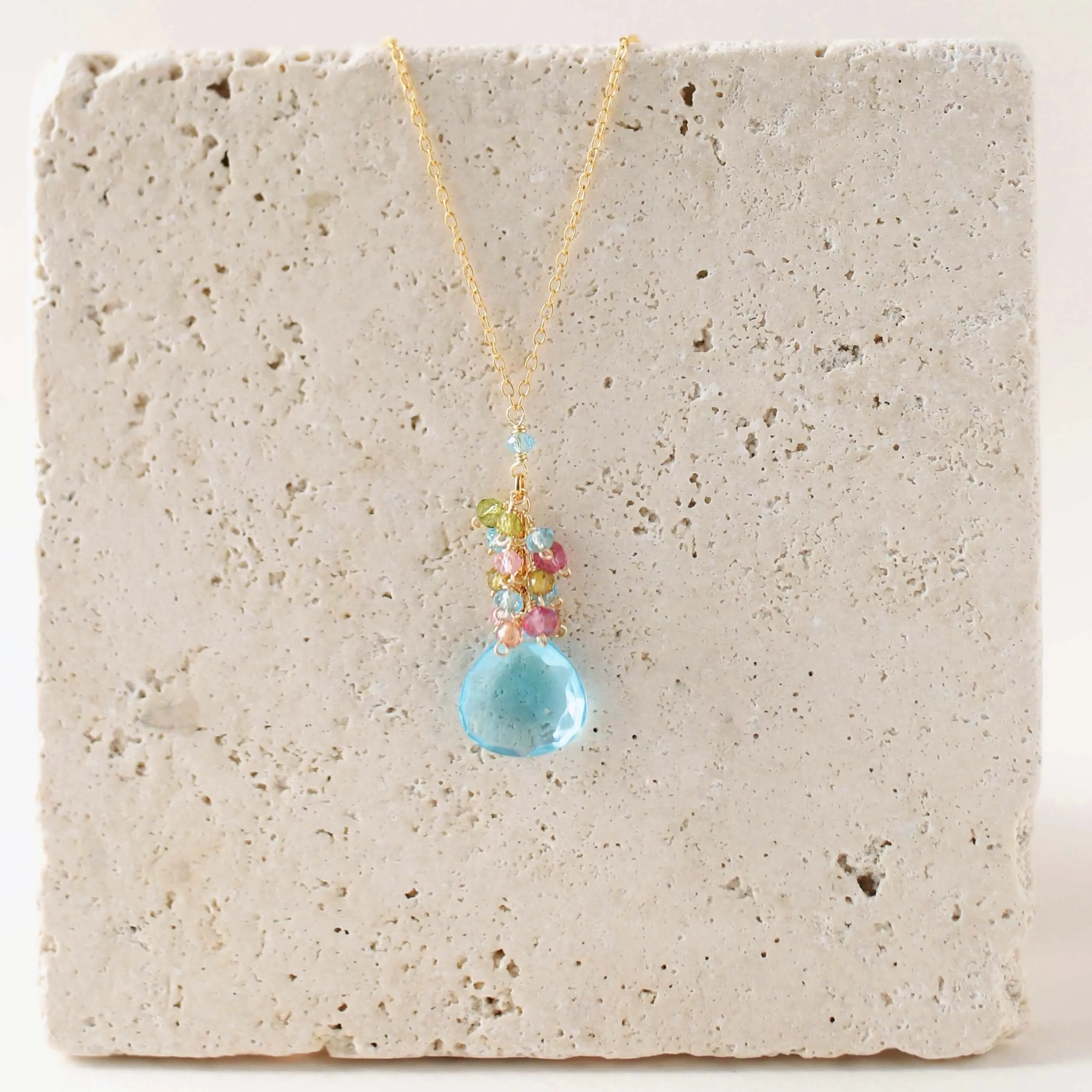 Aqua Blue Quartz Gold Raindrop Necklace