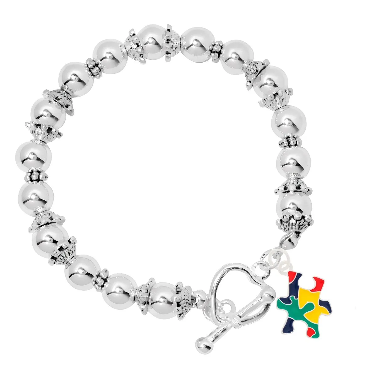 Autism Colored Puzzle Piece Silver Beaded Bracelets