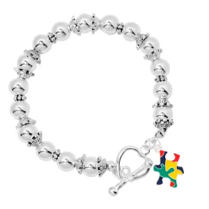 Autism Colored Puzzle Piece Silver Beaded Bracelets