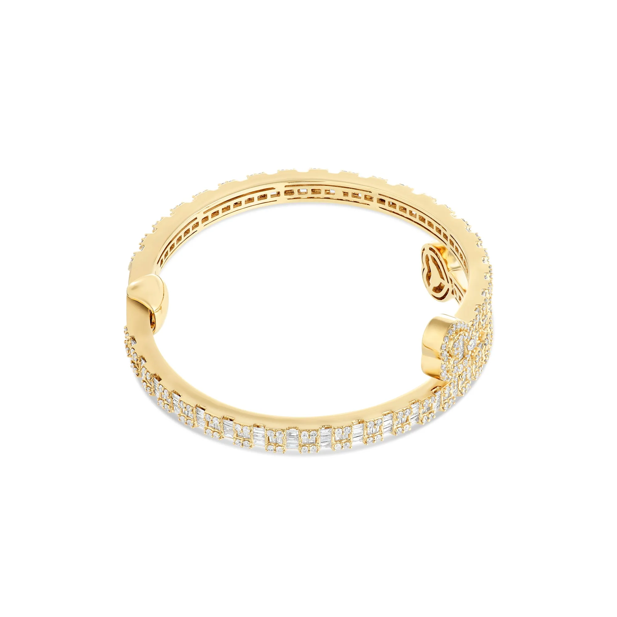 Baguette & Round Cut Diamond Open Cuff Heart Bangle Bracelet