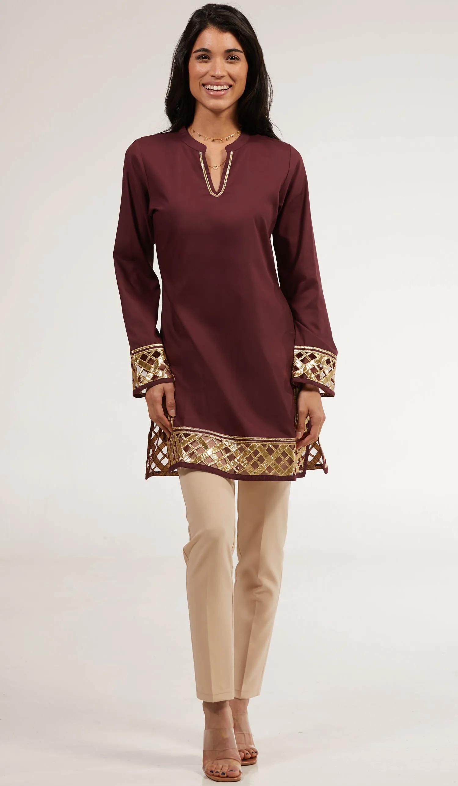 Behnaz Gold Embellished Long Modest Tunic - Orchid