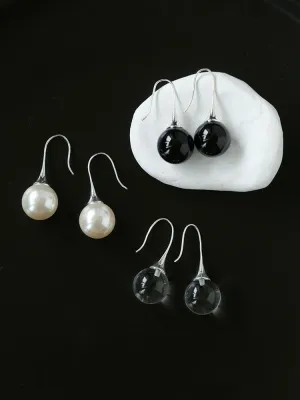 Black Onyx White Crystals Pearl Ear Hooks Drop Earrings