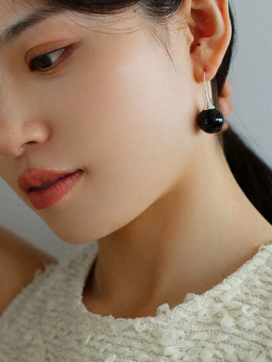 Black Onyx White Crystals Pearl Ear Hooks Drop Earrings