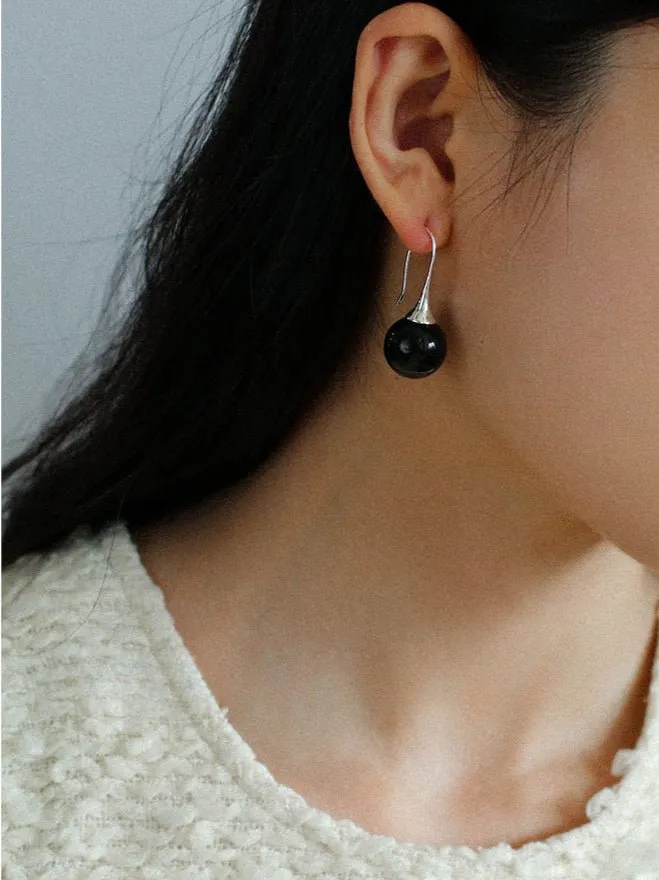 Black Onyx White Crystals Pearl Ear Hooks Drop Earrings