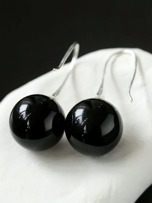 Black Onyx White Crystals Pearl Ear Hooks Drop Earrings