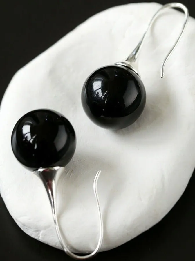 Black Onyx White Crystals Pearl Ear Hooks Drop Earrings