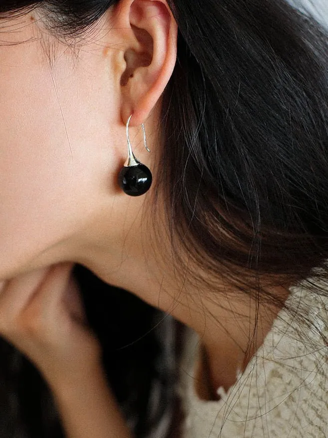 Black Onyx White Crystals Pearl Ear Hooks Drop Earrings