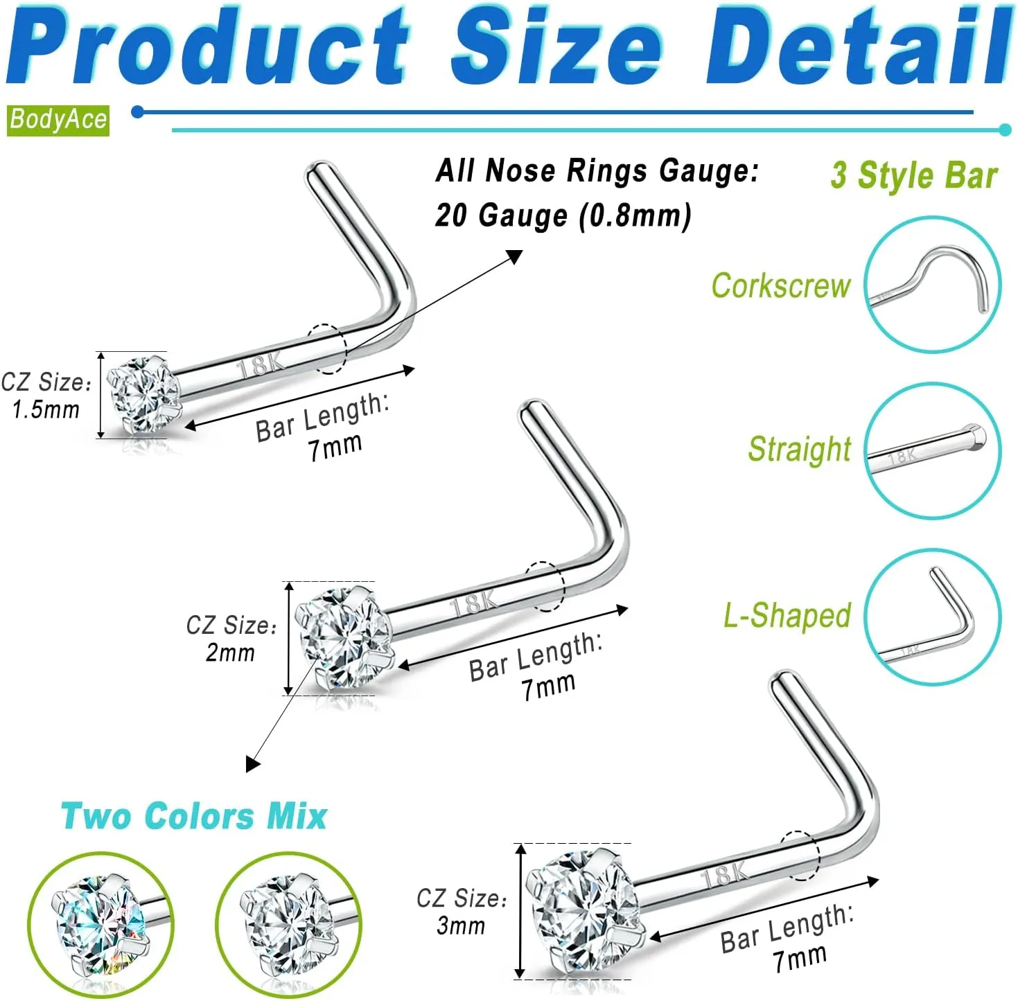 BodyAce 18K White Gold Nose Rings for Women Men, 20g Real Solid 18k Nose Rings Studs, Simulated Diamond Nose Piercing Jewelry 1.5mm 2mm 3mm