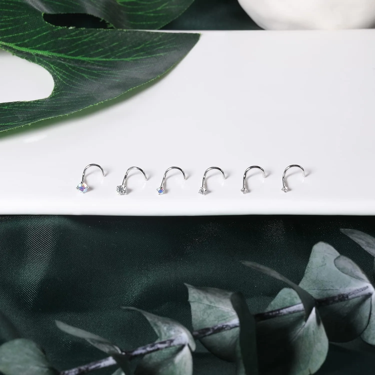 BodyAce 18K White Gold Nose Rings for Women Men, 20g Real Solid 18k Nose Rings Studs, Simulated Diamond Nose Piercing Jewelry 1.5mm 2mm 3mm