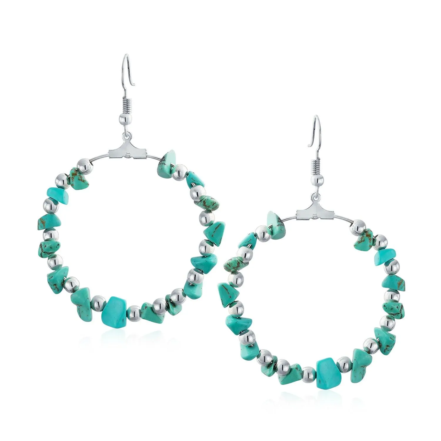 Boho Gemstone Turquoise Hoop Huggie Earrings Silver Tone 3 Inch Diameter