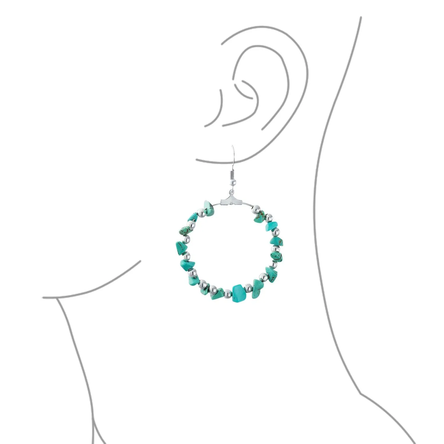 Boho Gemstone Turquoise Hoop Huggie Earrings Silver Tone 3 Inch Diameter