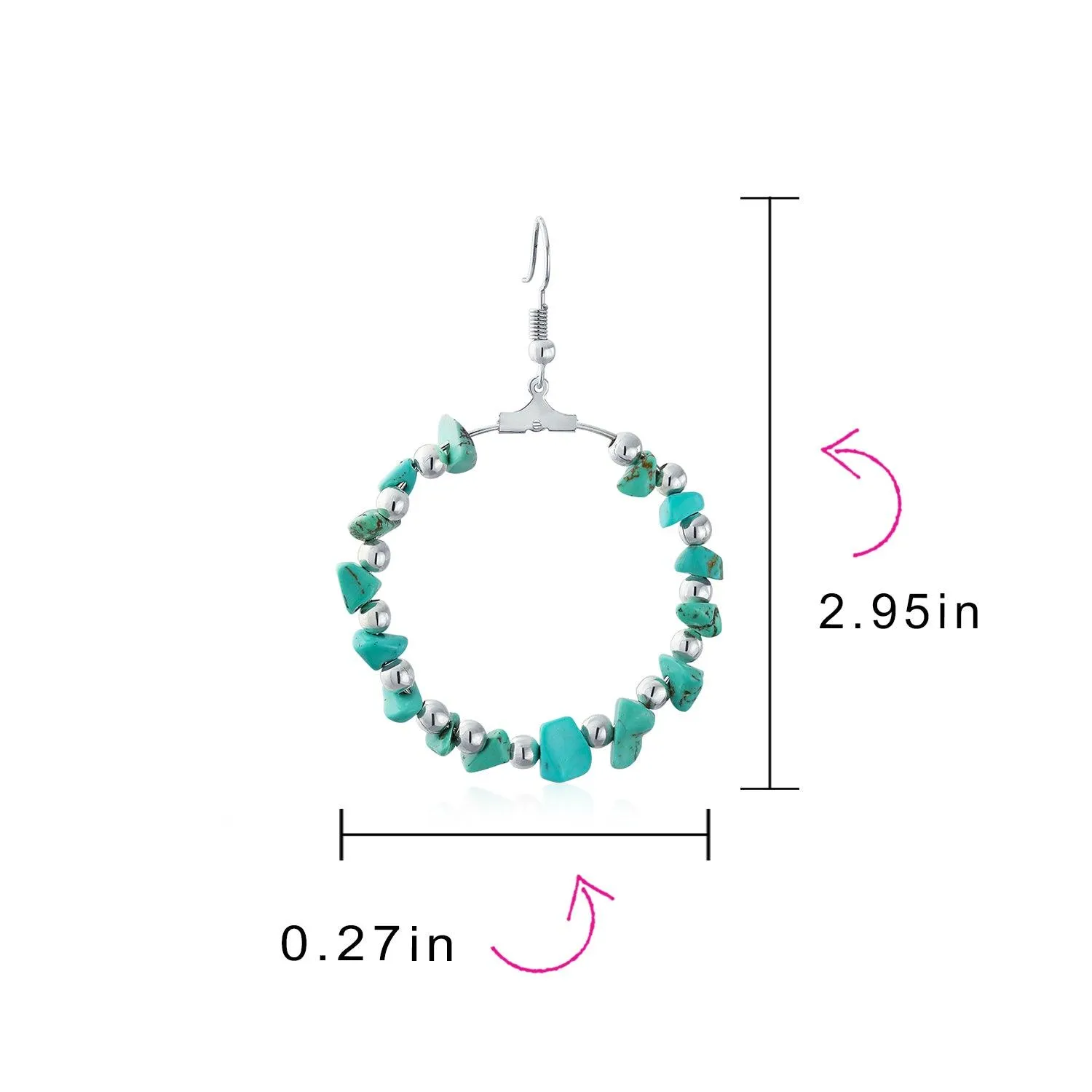 Boho Gemstone Turquoise Hoop Huggie Earrings Silver Tone 3 Inch Diameter