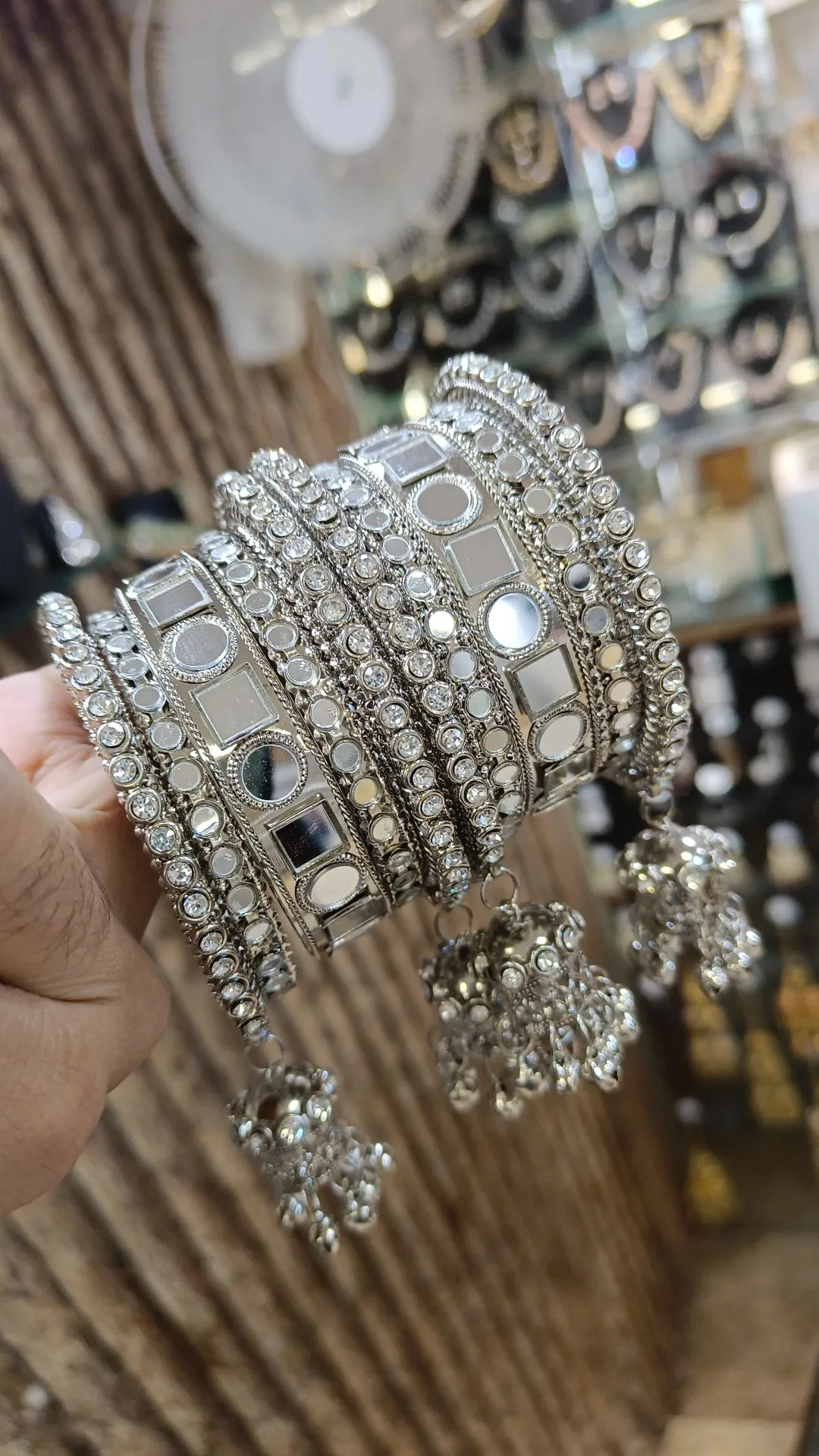 Bollywood Mirror Work Kundan Bridal Bangle Silver Beaded Design Jhumka