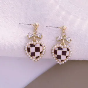 Bow Checkered Heart Coquette Earrings