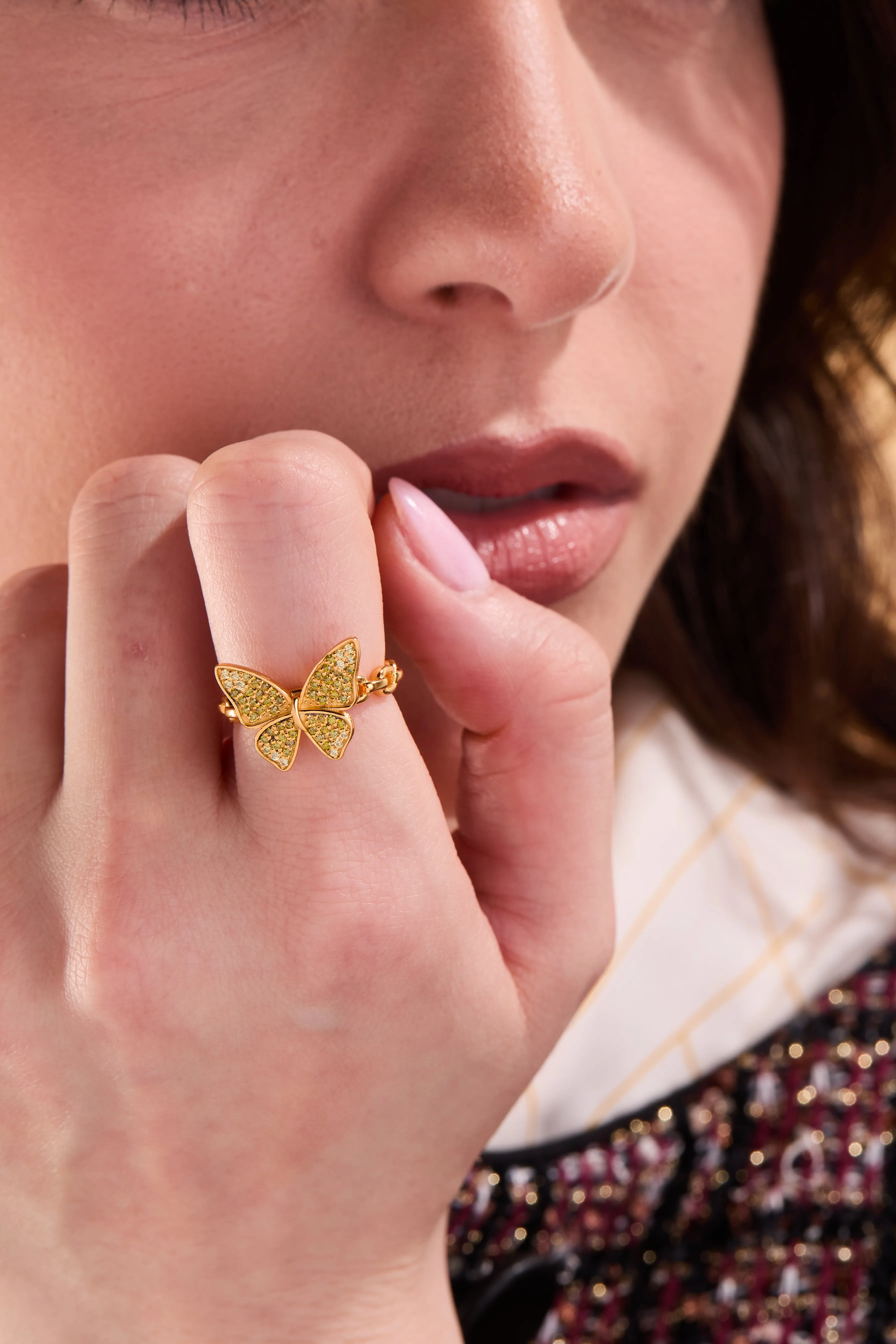 Butterfly Green Ombre Gold Adjustable Ring W.