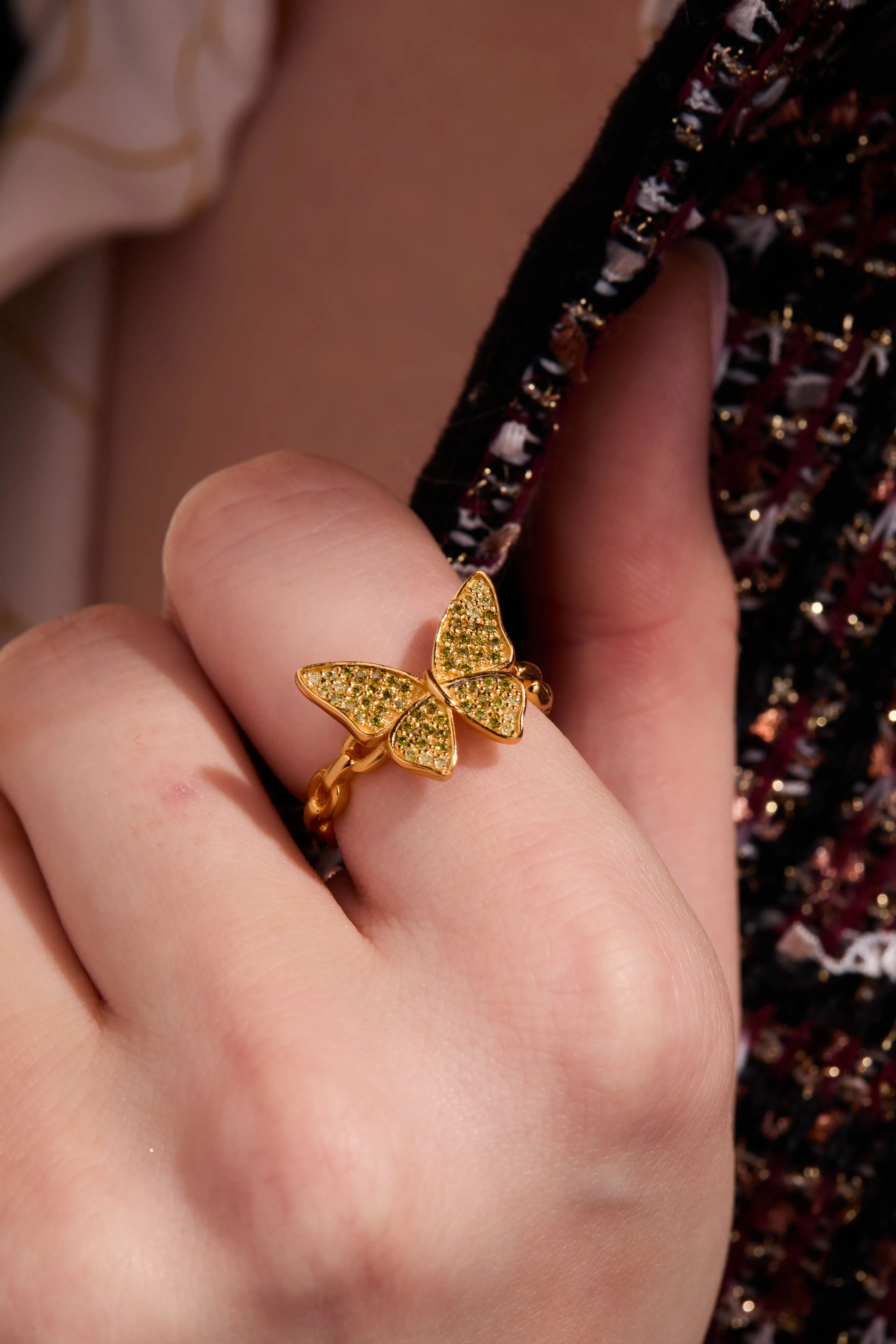 Butterfly Green Ombre Gold Adjustable Ring W.