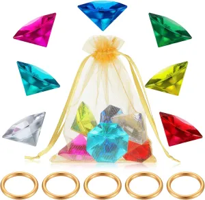 Chalyna 13 Pcs Acrylic Diamond Gems Alloy Gold Round Ring Set, Gold Rings Diamond Gemstone Jewelry ring with Gift Bag for Halloween Pirate Party Favor