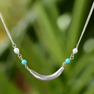 Charming Crescent Cultured Pearl and 950 Silver Crescent Thai Necklace