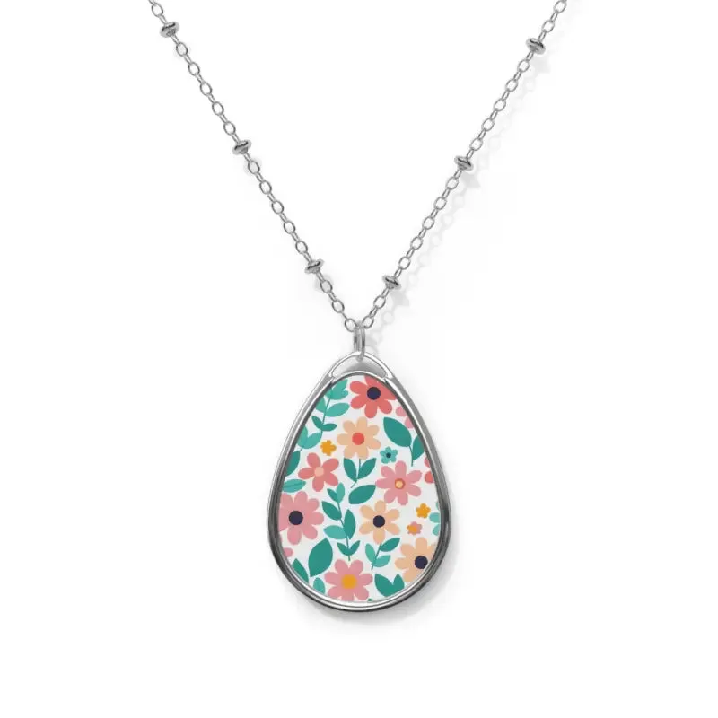 Chic Vibrant Flowers Oval Necklace White Aluminum