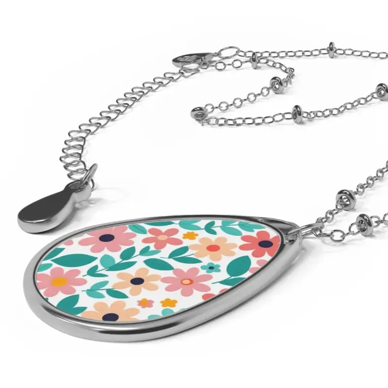 Chic Vibrant Flowers Oval Necklace White Aluminum