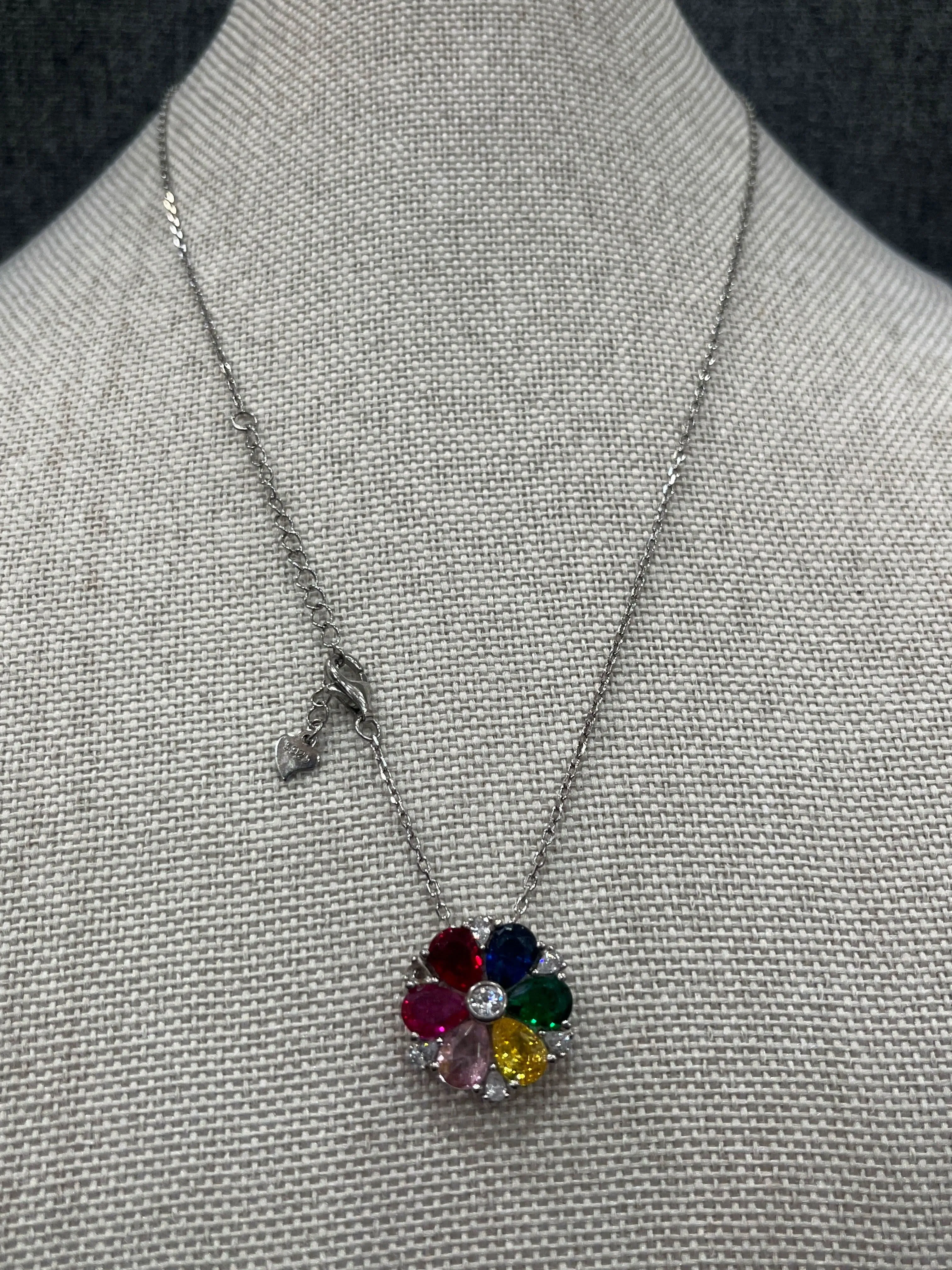 Chromatic Bloom: Sterling Silver Flower Necklace